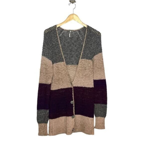 Free People Sweaters - Free People Women’s Medium Deep V Colorblock Cardigan Mohair Blend Chunky Knit